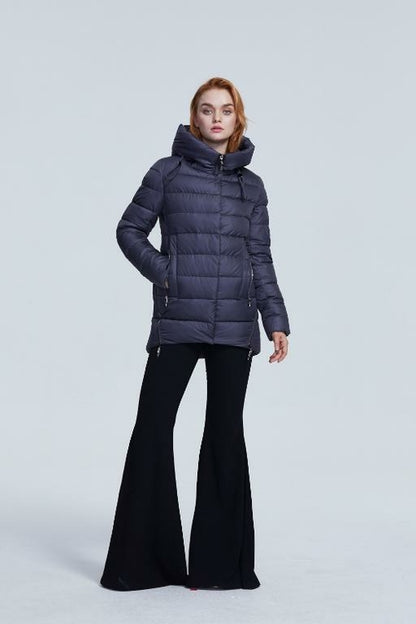 Women’s warm hooded winter coat by Jade, casual jacket with insulated lining, suitable for cold weather and winter outdoor wear.