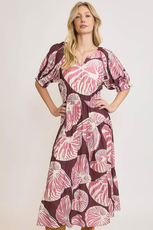 Jade Icarus Umgee printed notched puff sleeve midi dress in plus size, featuring a stylish pattern and elegant design.