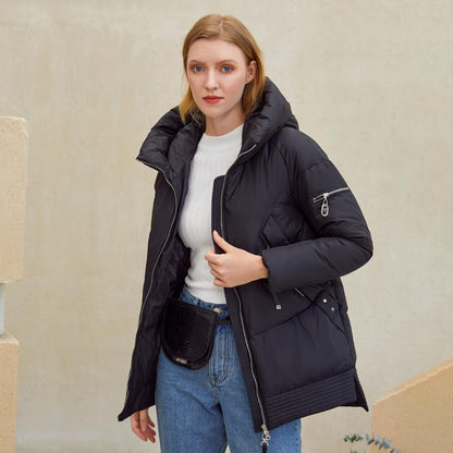 Women’s padded winter coat by Jade with hood, zipper pockets, and casual parka style, ideal for cold weather.