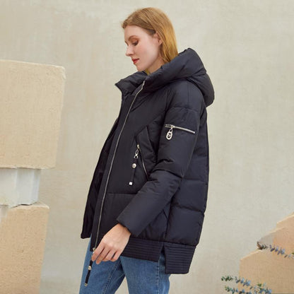 Women’s casual winter coat by Jade, padded parka with hood, zipper pockets, and quilted design for warmth and style.