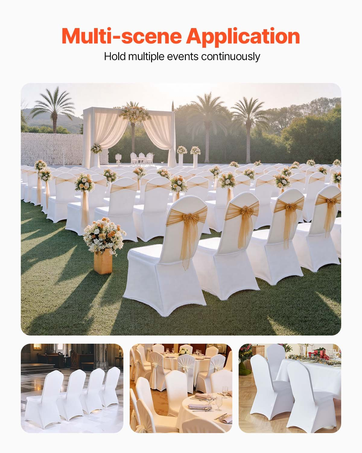 White VEVOR Stretch Spandex folding chair covers on chairs, designed for events like weddings, parties, and banquets.