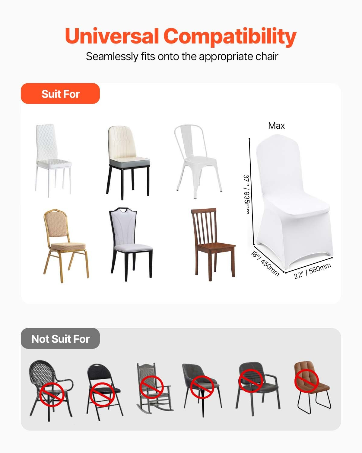 Set of white VEVOR stretch spandex folding chair covers, fitted and washable, ideal for weddings, events, and celebrations.
