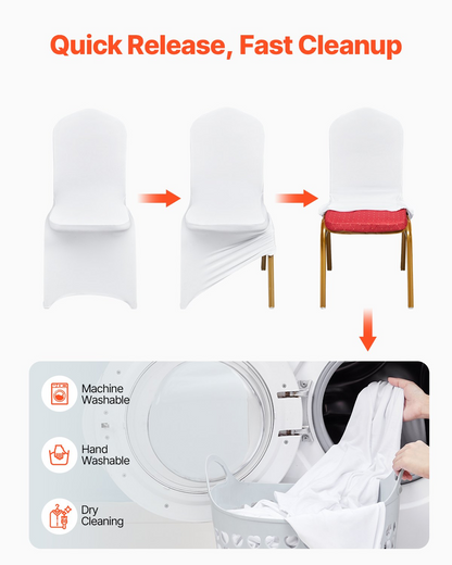 White VEVOR stretch spandex folding chair covers by Start2Finish, fitted and washable, ideal for weddings, parties, and events.