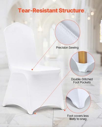 White VEVOR stretch spandex folding chair covers, universal fitted slipcovers for wedding, holiday, banquet and party events.