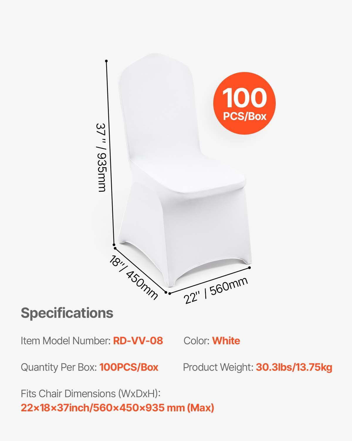 White VEVOR stretch spandex folding chair covers on banquet chairs, showing fitted, removable, washable protective slipcovers.