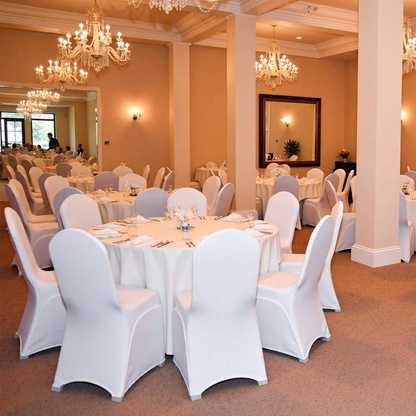 White VEVOR Stretch Spandex folding chair covers, universal fitted slipcovers for weddings, parties, and events, 100 pieces.