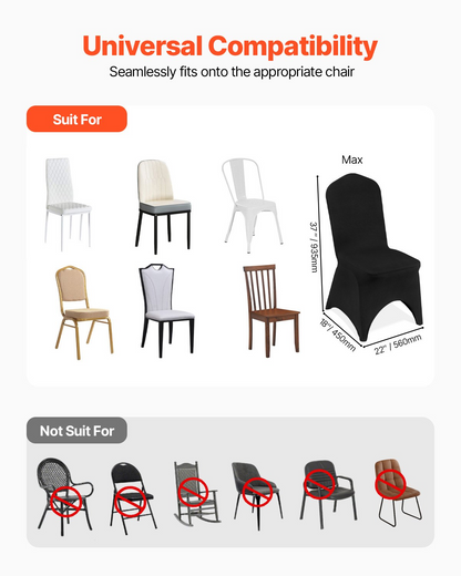 Black VEVOR stretch spandex folding chair covers with arched front, washable and fitted, ideal for weddings, parties, and events.