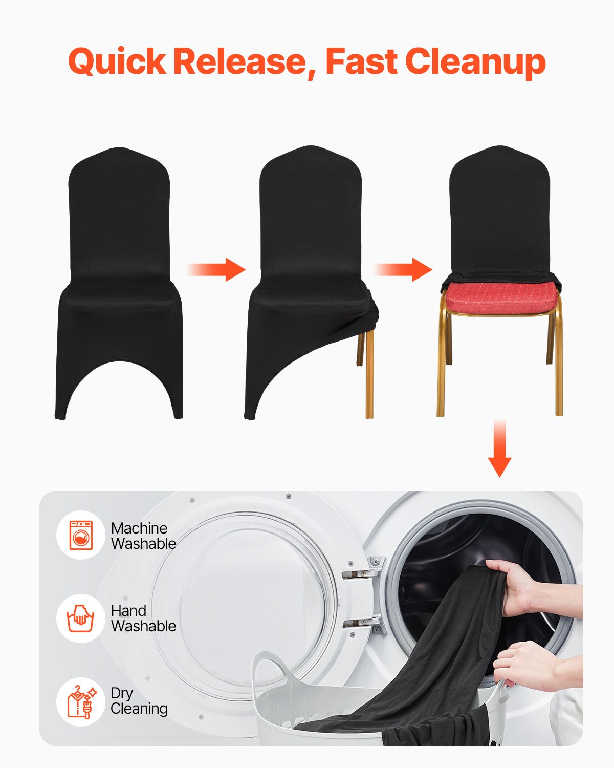 Black VEVOR stretch spandex folding chair covers for weddings, parties, and events, with a fitted arched front design.