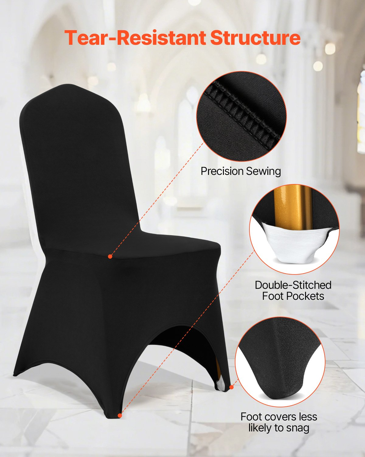 Start2Finish black VEVOR stretch spandex folding chair covers with arched fronts, washable and fitted for weddings and events.