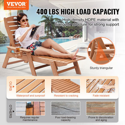 Start2Finish VEVOR outdoor chaise lounge chair with adjustable backrest, cup holder, brown HDPE material, suitable for poolside or backyard.