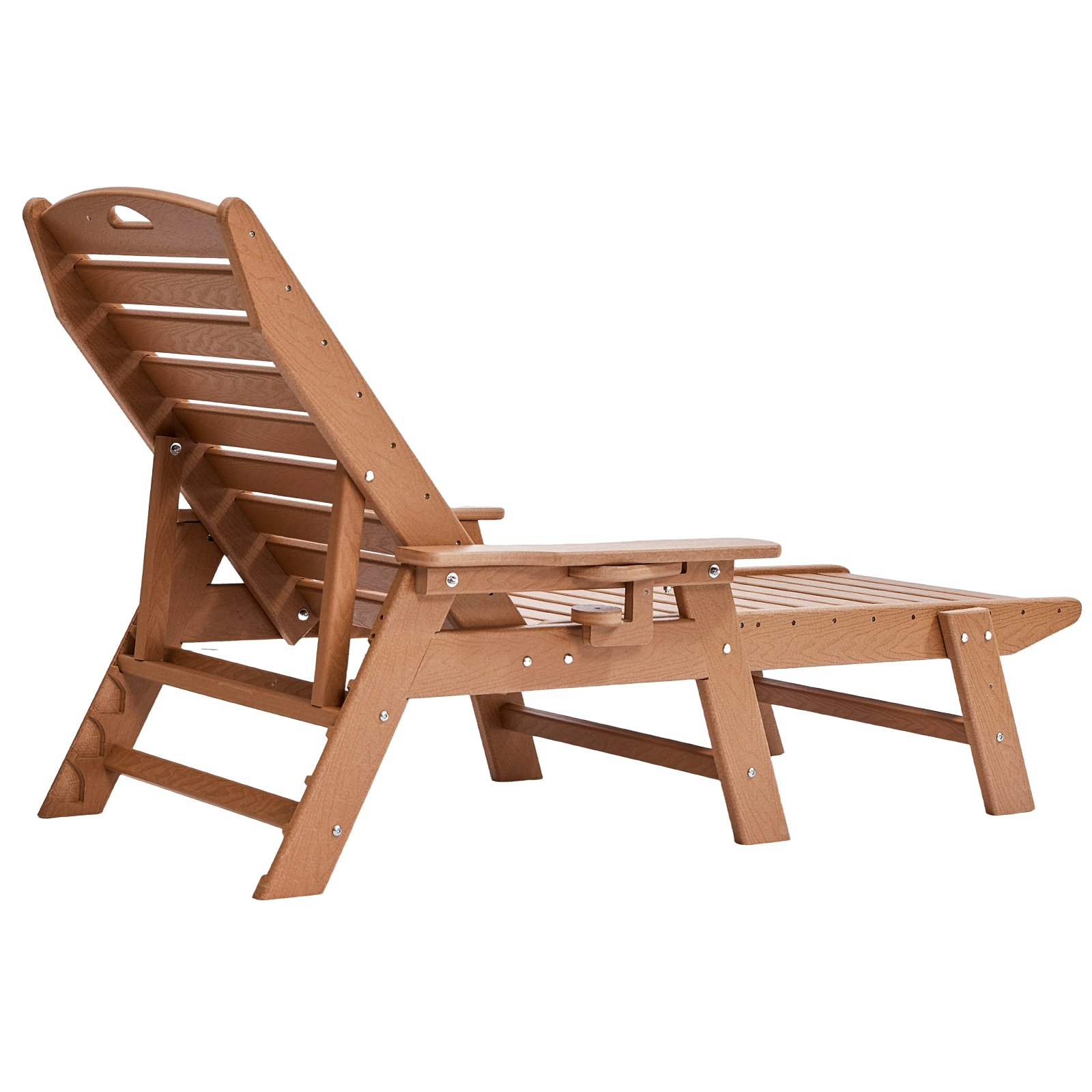 Start2Finish VEVOR brown outdoor chaise lounge chair with adjustable backrest, cup holder, suitable for poolside or backyard relaxation.