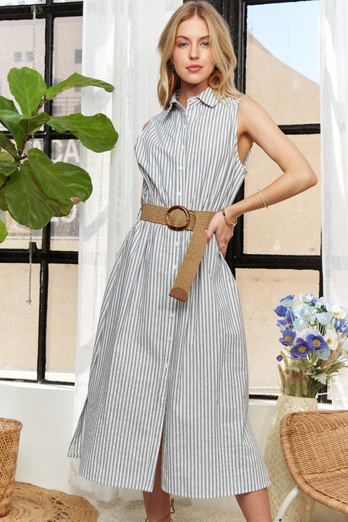 Automotive-themed Jade Icarus ADORA striped button-down sleeveless midi dress with a stylish pattern and casual fit.