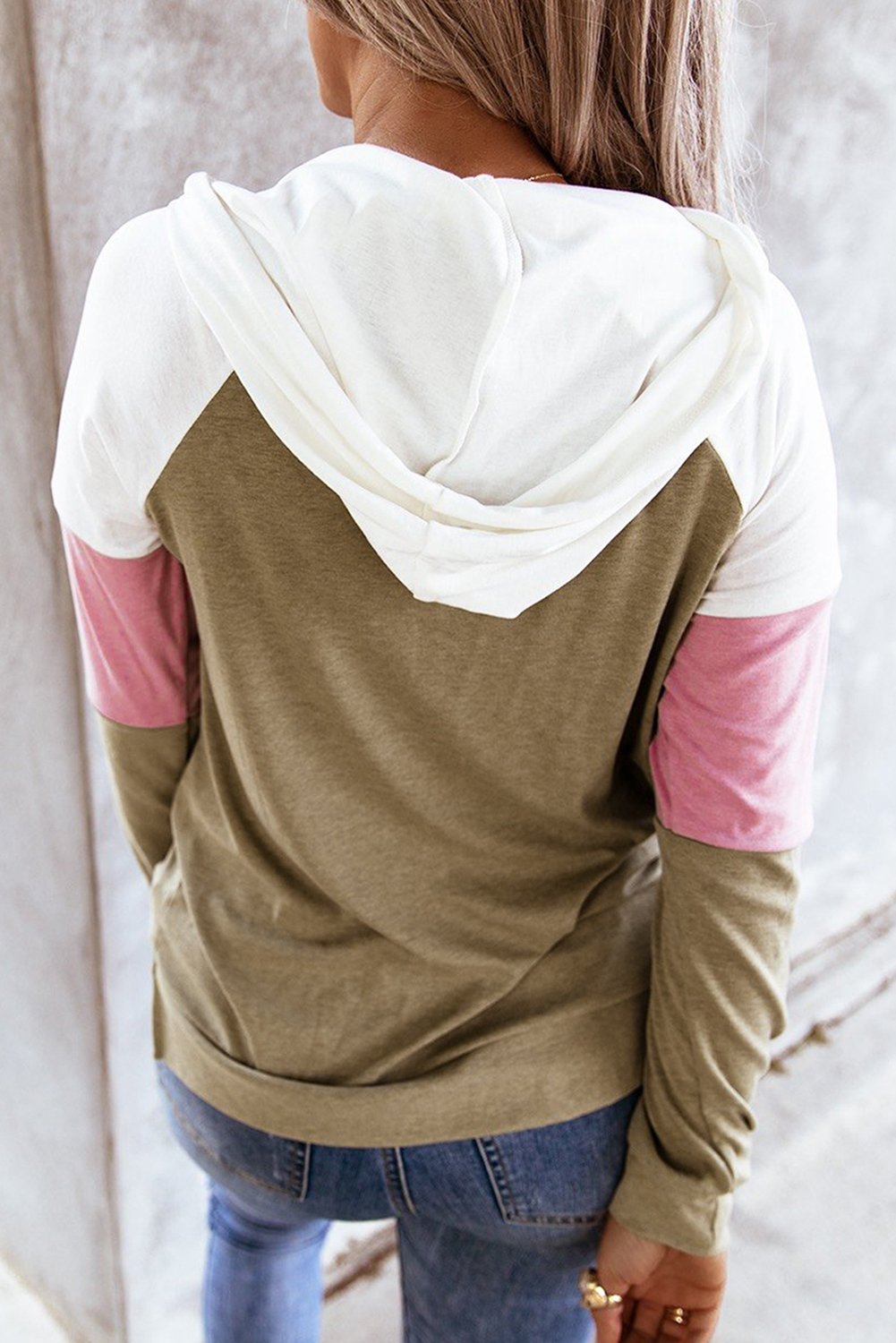 Women’s khaki hoodie with spliced sleeve design and front pocket by Jade, casual and stylish women&