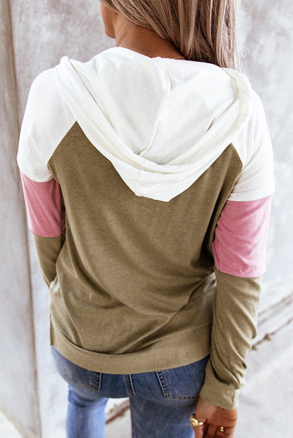 Women’s khaki hoodie with spliced sleeve design and front pocket by Jade, casual and stylish women&