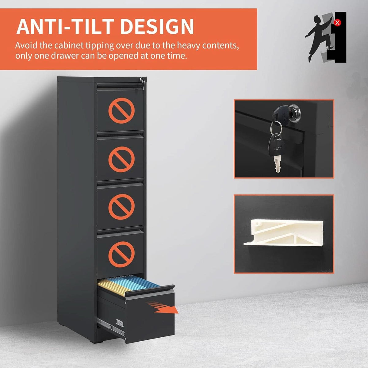 Metal 5 Drawer Vertical File Cabinet With Lock For A4 Letter Legal