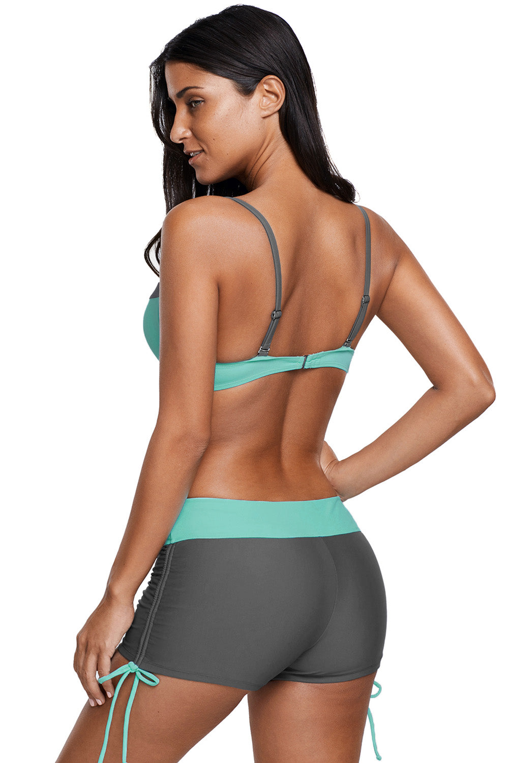Mint grey bicolor patchwork underwired bikini swimsuit for women, stylish lavender Pallas swimwear with supportive design.