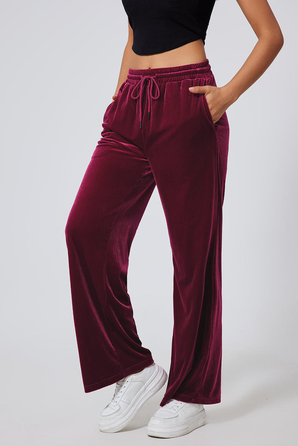 Carmine Juneberry burgundy wide leg pants with drawstring waist, solid color, casual style, and relaxed fit.