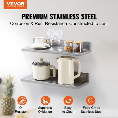 Start2Finish stainless steel wall-mounted floating shelves, 8.6" x 24", with backsplash for kitchen, restaurant, or bar storage.