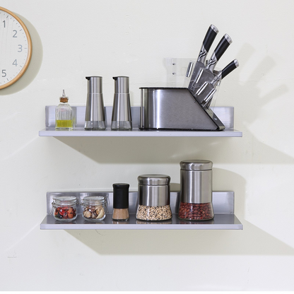 Start2Finish stainless steel wall-mounted floating shelves, 8.6x24 inches, with backsplash and 44 lbs load capacity for kitchen or restaurant use.