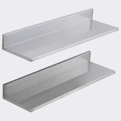 Start2Finish stainless steel wall-mounted floating shelves, 8.6" x 24", with backsplash and 44 lbs capacity, ideal for kitchen or restaurant storage.