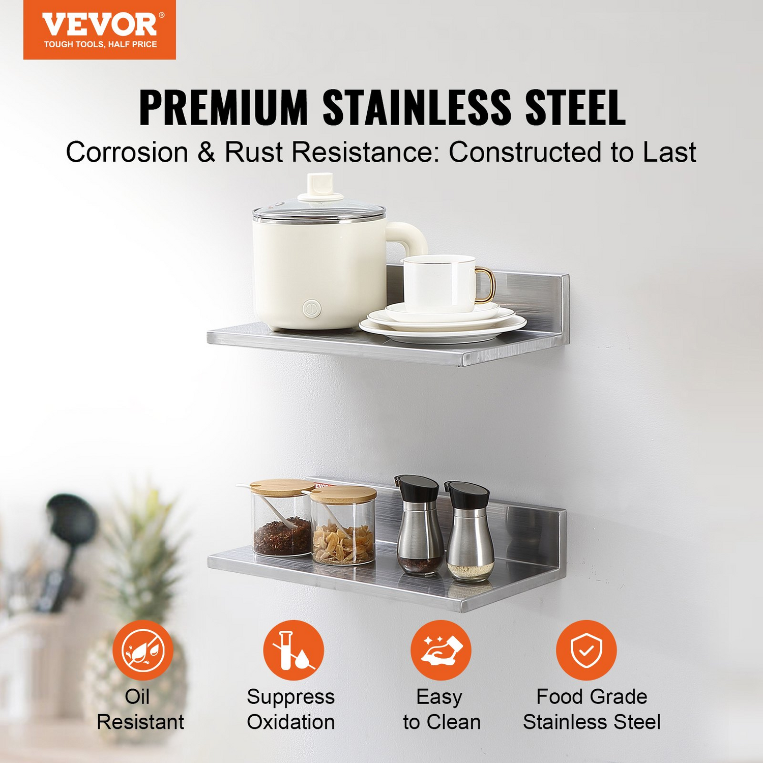 Start2Finish stainless steel wall-mounted floating shelves, 8.6 x 16 inches, ideal for kitchen, restaurant, or bar storage.