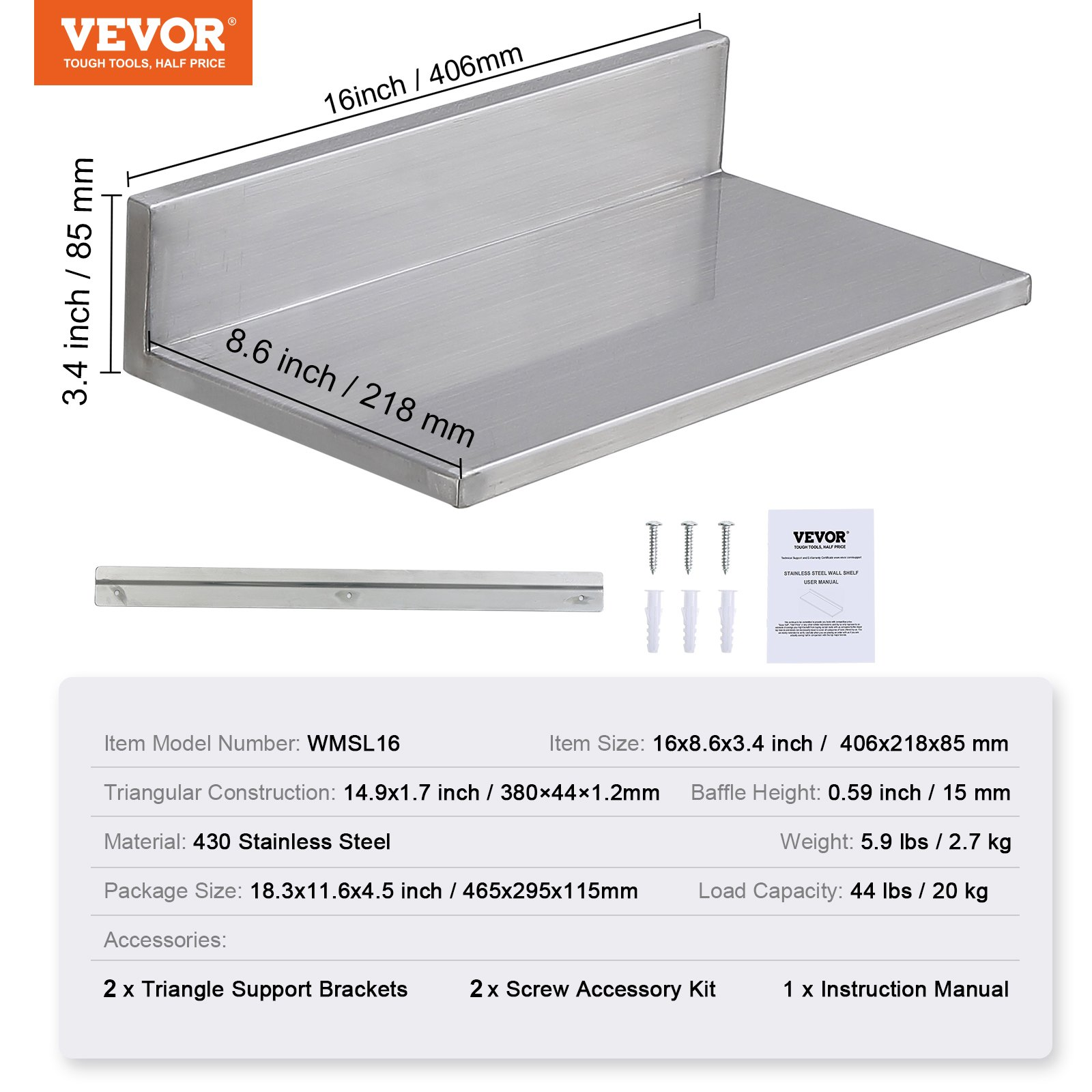 Start2Finish stainless steel wall-mounted floating shelves, 8.6x16 inches, with backsplash and 44 lbs load capacity for kitchen or restaurant storage.
