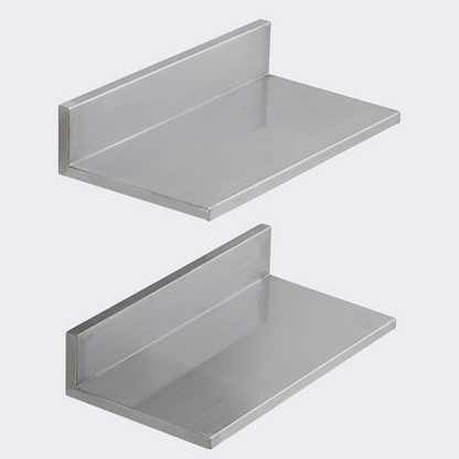 Stainless steel wall-mounted floating shelves by Start2Finish, 8.6 x 16 inches, with backsplash, ideal for kitchen or restaurant storage.