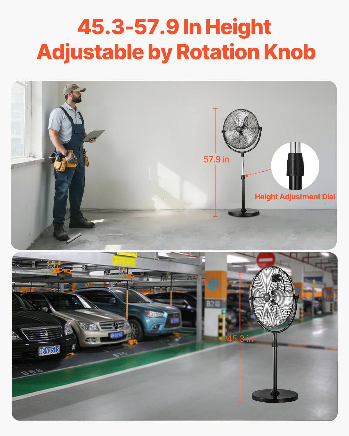 Start2Finish VEVOR 18-inch industrial pedestal fan with adjustable height, three speed settings, black floor fan for commercial or residential use.