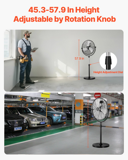 Start2Finish VEVOR 18-inch industrial pedestal fan with adjustable height, three speed settings, black floor fan for commercial or residential use.