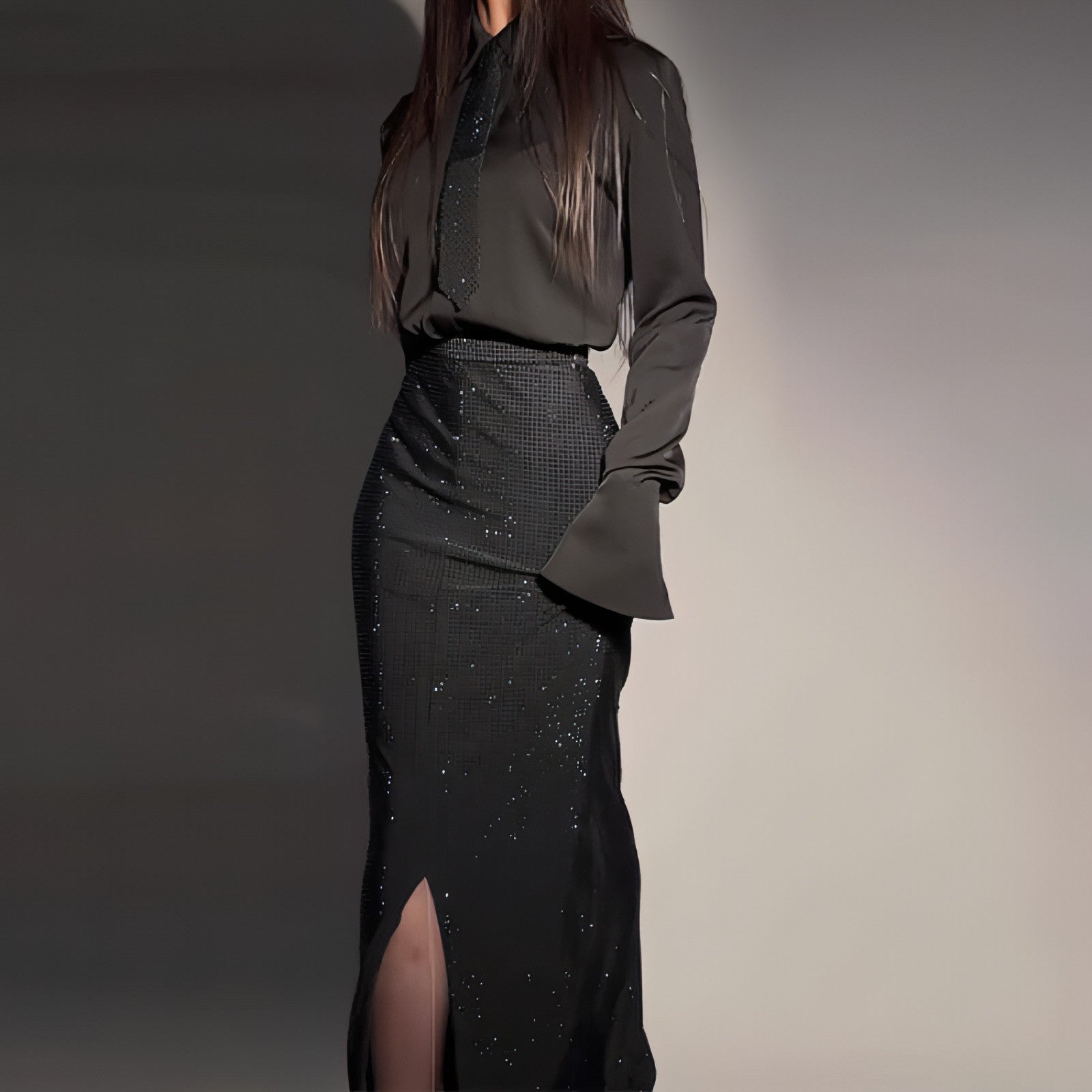 Heavy Industry Hot Diamond Split Wrap Hip Skirt Set by Carmine Juneberry, featuring a stylish dress with a diamond-patterned split design.