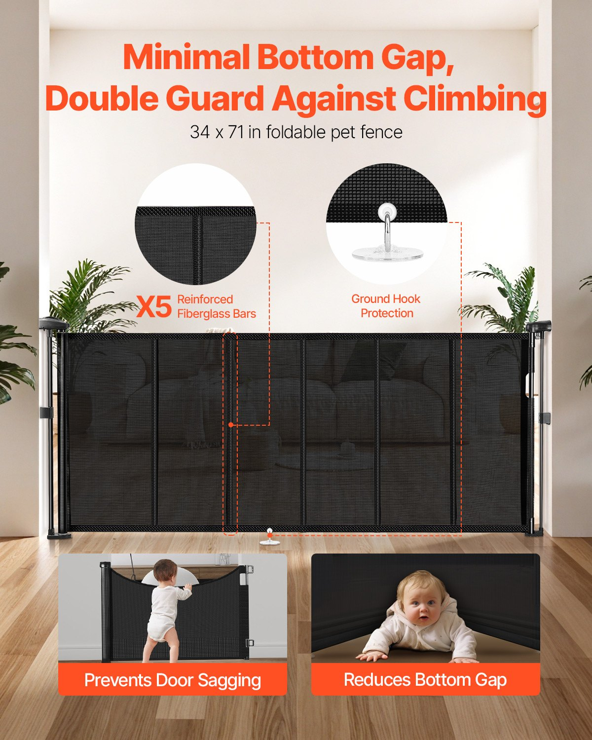 Start2Finish VEVOR Retractable Baby Gate, black mesh, 870mm tall, extends to 1800mm, for stairs, doorways, and playrooms.