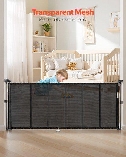 Start2Finish VEVOR retractable baby gate with mesh, 870mm tall, extends to 1800mm wide, black, for stairs, doorways, or hallways.