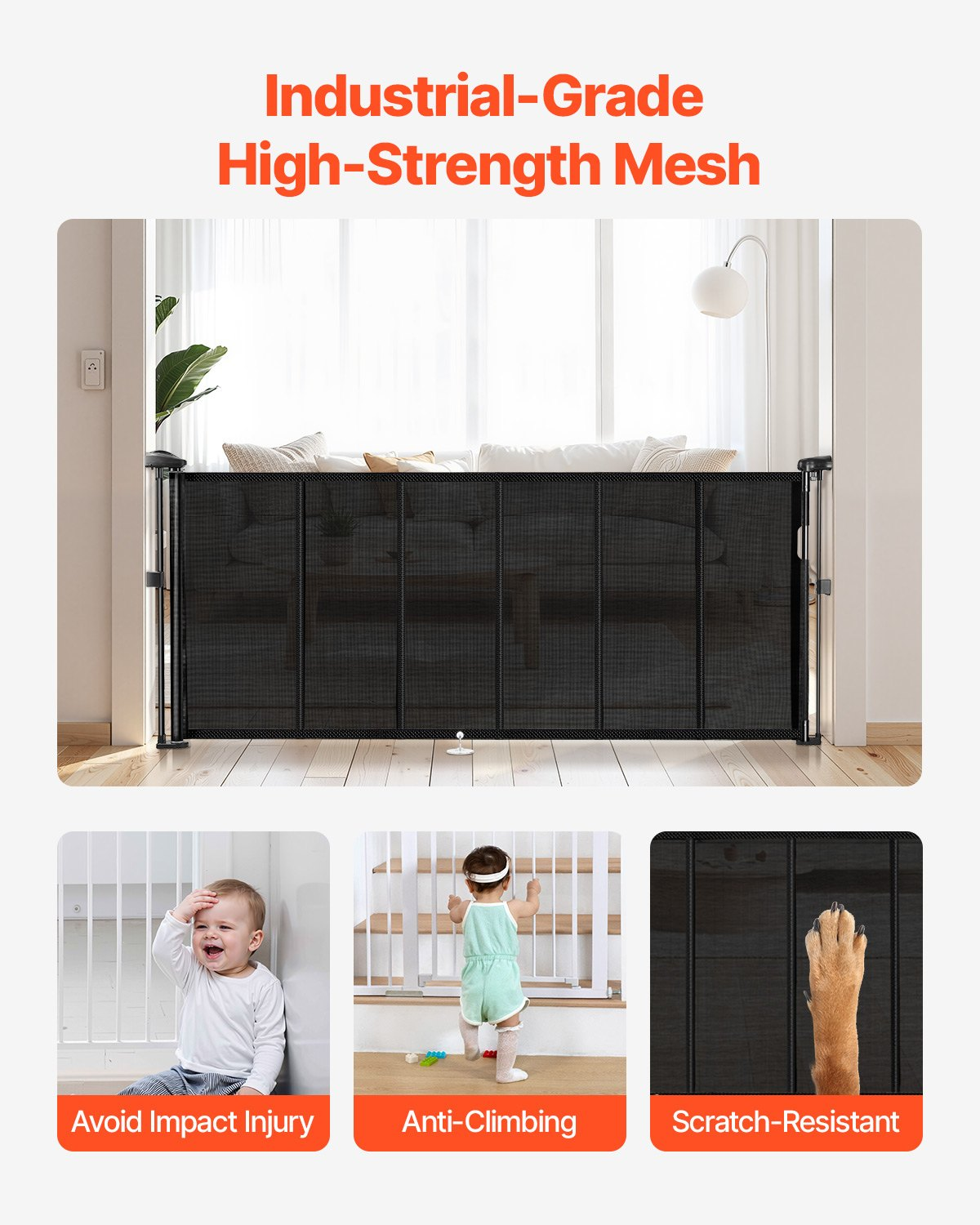 Start2Finish VEVOR retractable baby gate with mesh, black, 870mm tall, extends to 1800mm, ideal for stairs, doorways, and hallways.
