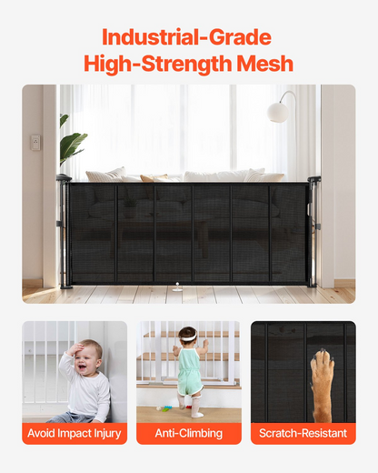 Start2Finish VEVOR retractable baby gate with mesh, black, 870mm tall, extends to 1800mm, ideal for stairs, doorways, and hallways.