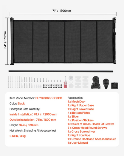 Start2Finish VEVOR retractable baby gate, black mesh, 870mm tall, extends to 1800mm, for stairs, doorways, indoor safety.