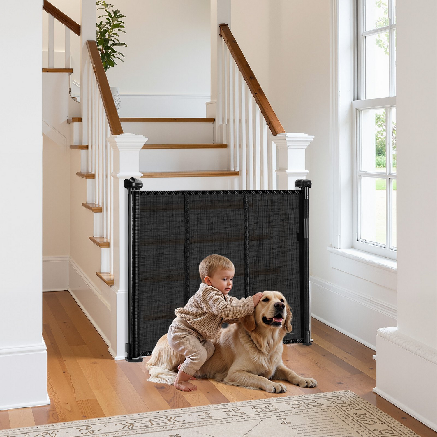 Start2Finish VEVOR retractable baby gate with mesh design, 870mm tall, extends to 1800mm wide, black indoor safety gate for kids and pets.