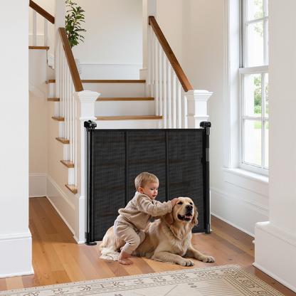 Start2Finish VEVOR retractable baby gate with mesh design, 870mm tall, extends to 1800mm wide, black indoor safety gate for kids and pets.