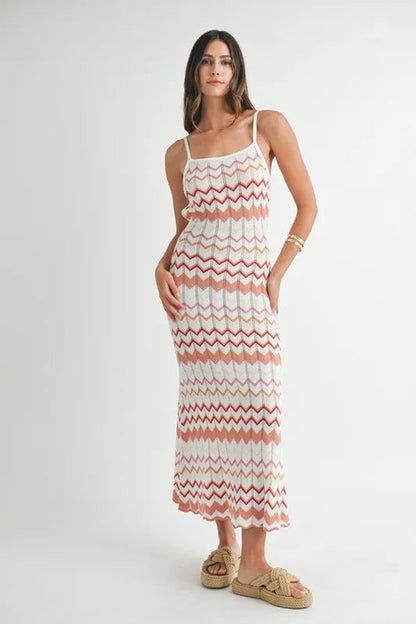 Lightweight MABLE Pointelle Chevron Knit Maxi Dress by Pear Daisy, featuring a stylish, cozy knit fabric and elegant design.