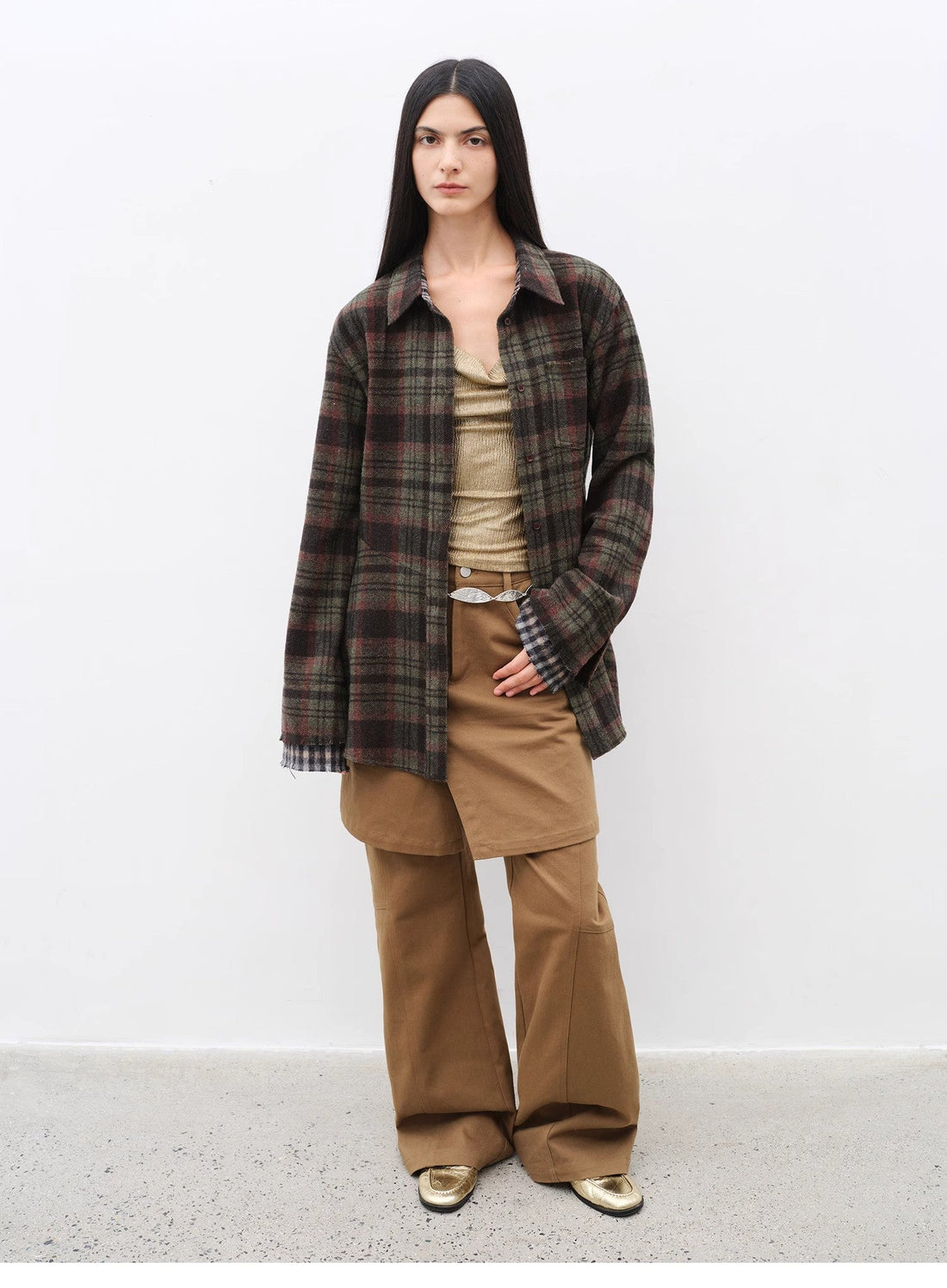 Brown Coeus Culotte Declaration retro split design faux two-piece twill brushed jacket, stylish and lightweight for casual wear.