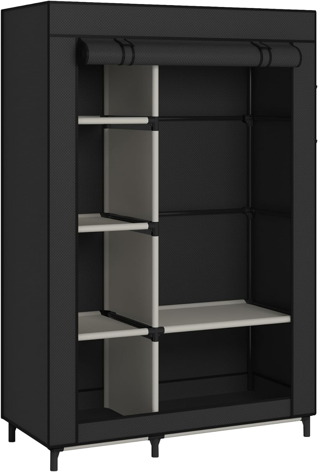 Black portable closet organizer with six shelves and hanging rod, Peach Maple furniture for clothing and storage.