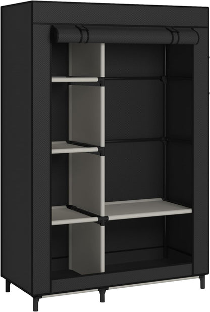 Black portable closet organizer with six shelves and hanging rod, Peach Maple furniture for clothing and storage.