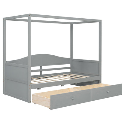 Sangria Beech twin size canopy day bed with built-in drawers, wooden bed frame with canopy for bedroom decor and storage.