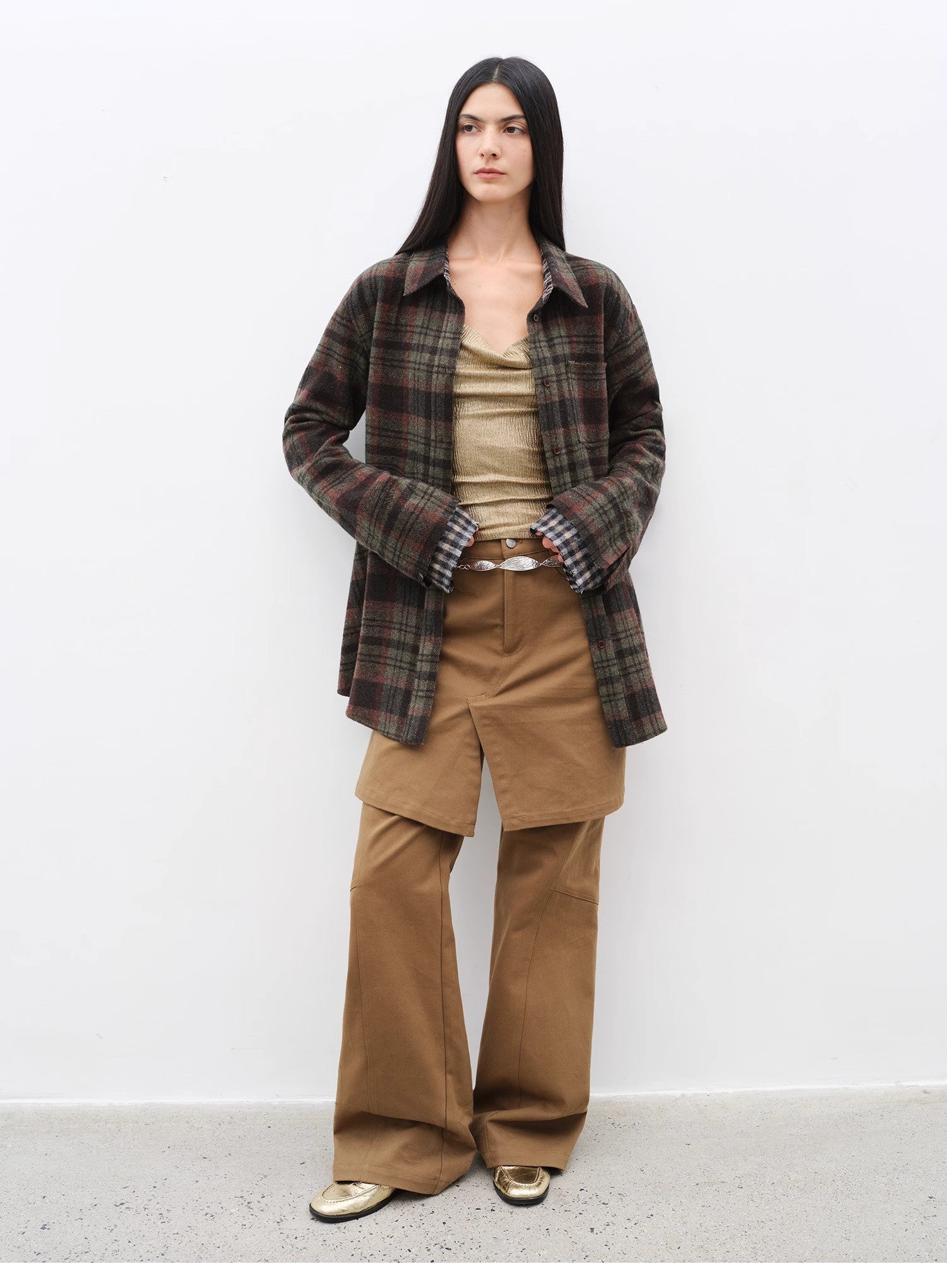 Brown Coeus Culotte Declaration retro split design twill jacket, faux two-piece coat with brushed finish and stylish details.