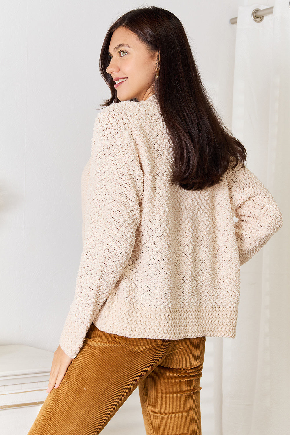 Pear Daisy double take open front long sleeve cardigan, cozy and stylish for home or garden wear, in a soft knit fabric.