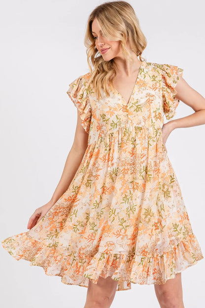 Jade Icarus Mittoshop floral chiffon ruffle short sleeve mini dress with feminine design, shown in a detailed close-up image