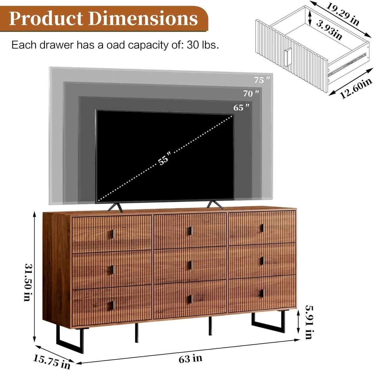 Walnut Nine Drawer Dresser Anti Tipping Reinforcement