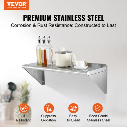 Start2Finish stainless steel wall-mounted floating shelf with brackets, 12"x36", heavy-duty storage for kitchen, restaurant, or bar.