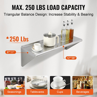 Stainless steel wall-mounted floating shelf with brackets, 12x36 inches, heavy-duty storage rack for kitchen, restaurant, or bar use.