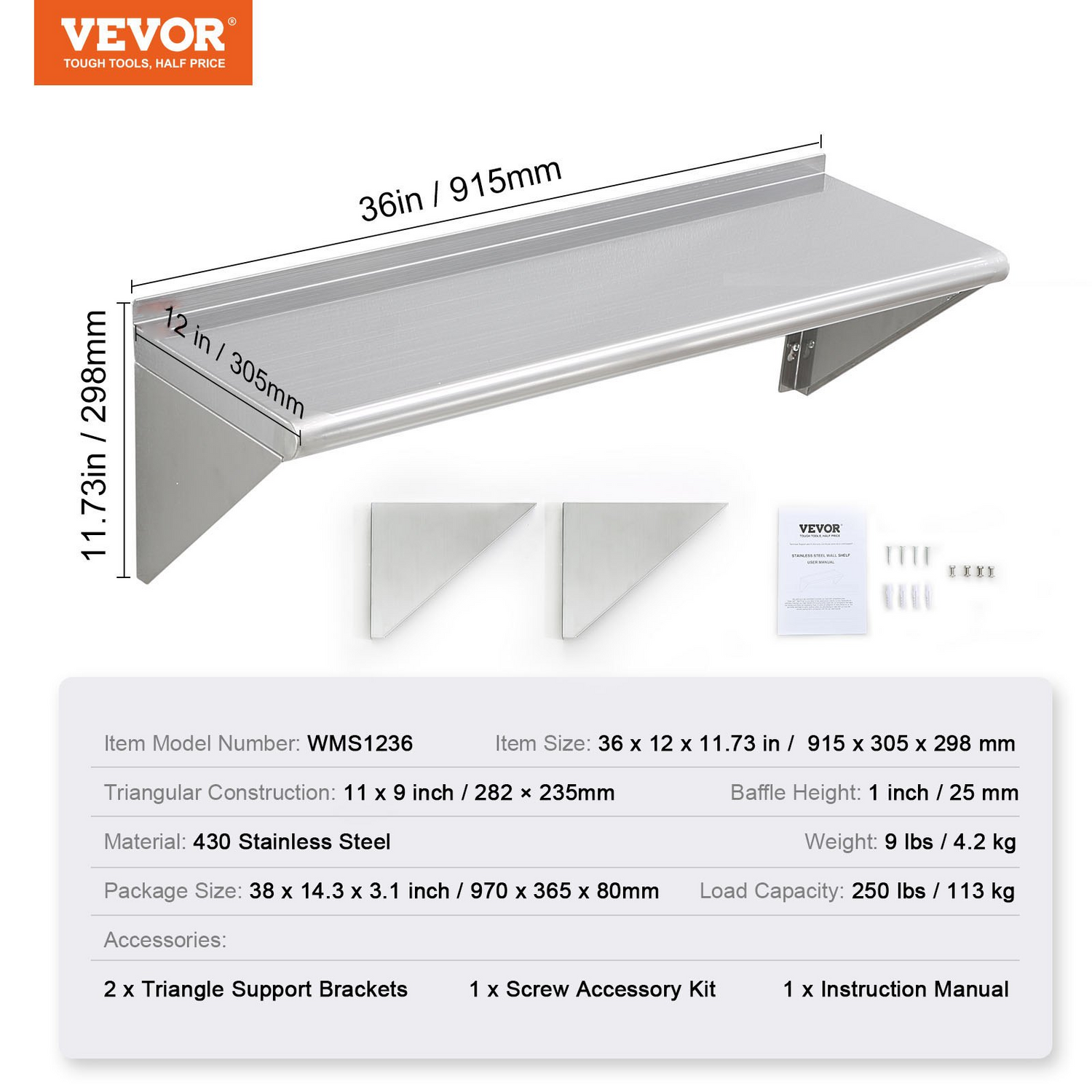 Start2Finish stainless steel wall-mounted shelf with brackets, 12x36 inches, heavy-duty storage for kitchen, restaurant, or bar.