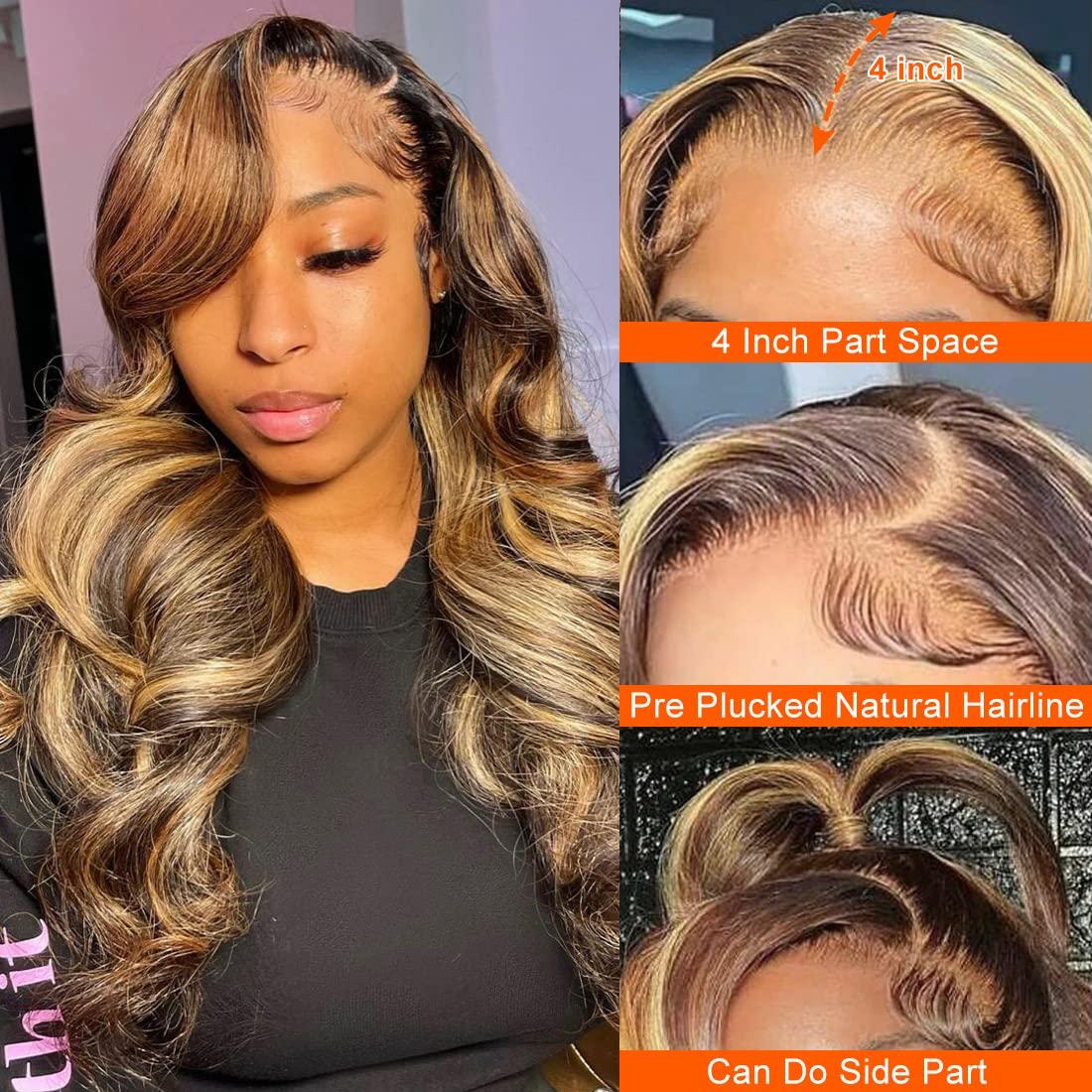 Pear Daisy P4 27 13x4 lace front wig with human hair body wave, showing the hair’s natural wave pattern and lace front detail.